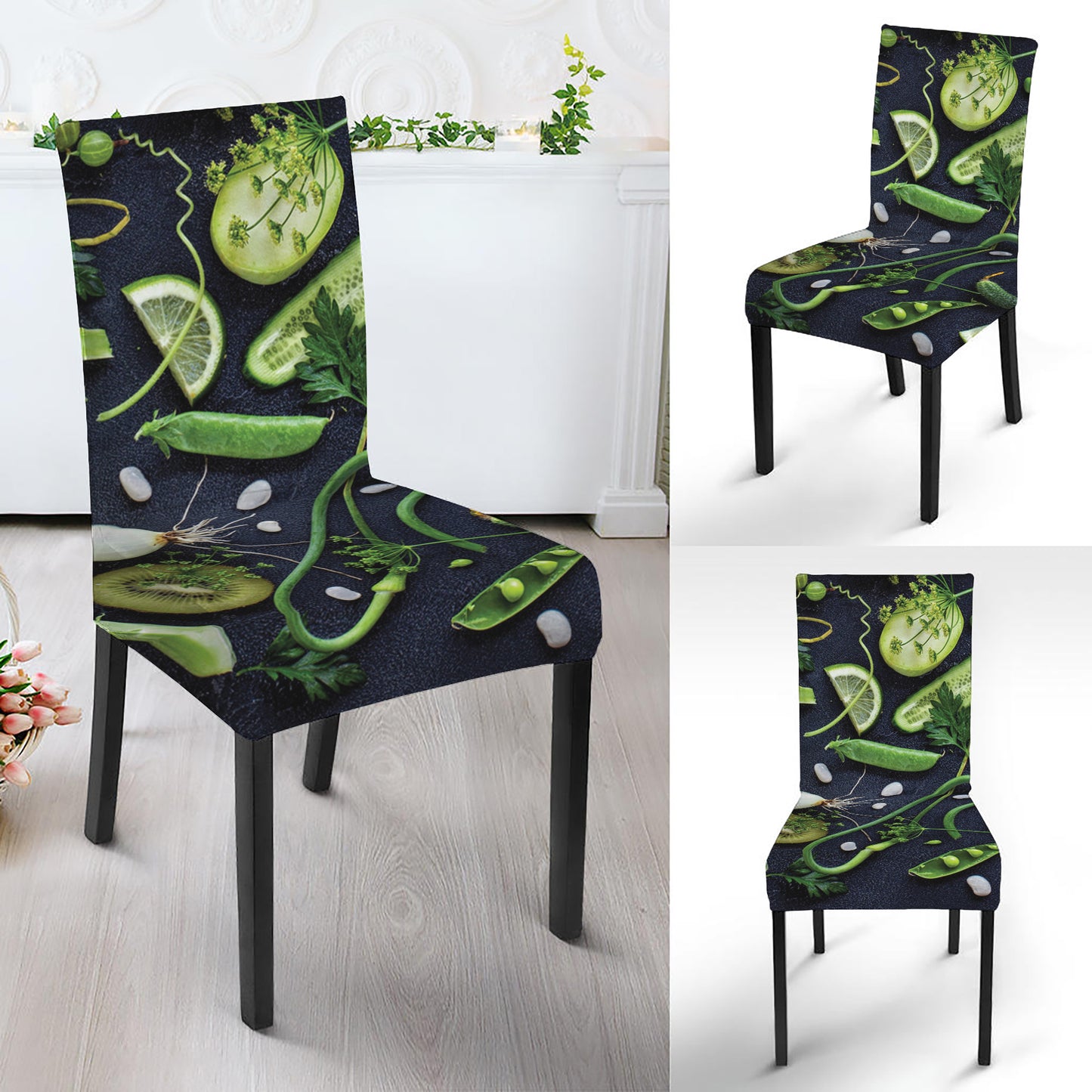 Fresh Green Fruit And Vegetables Print Dining Chair Slipcover