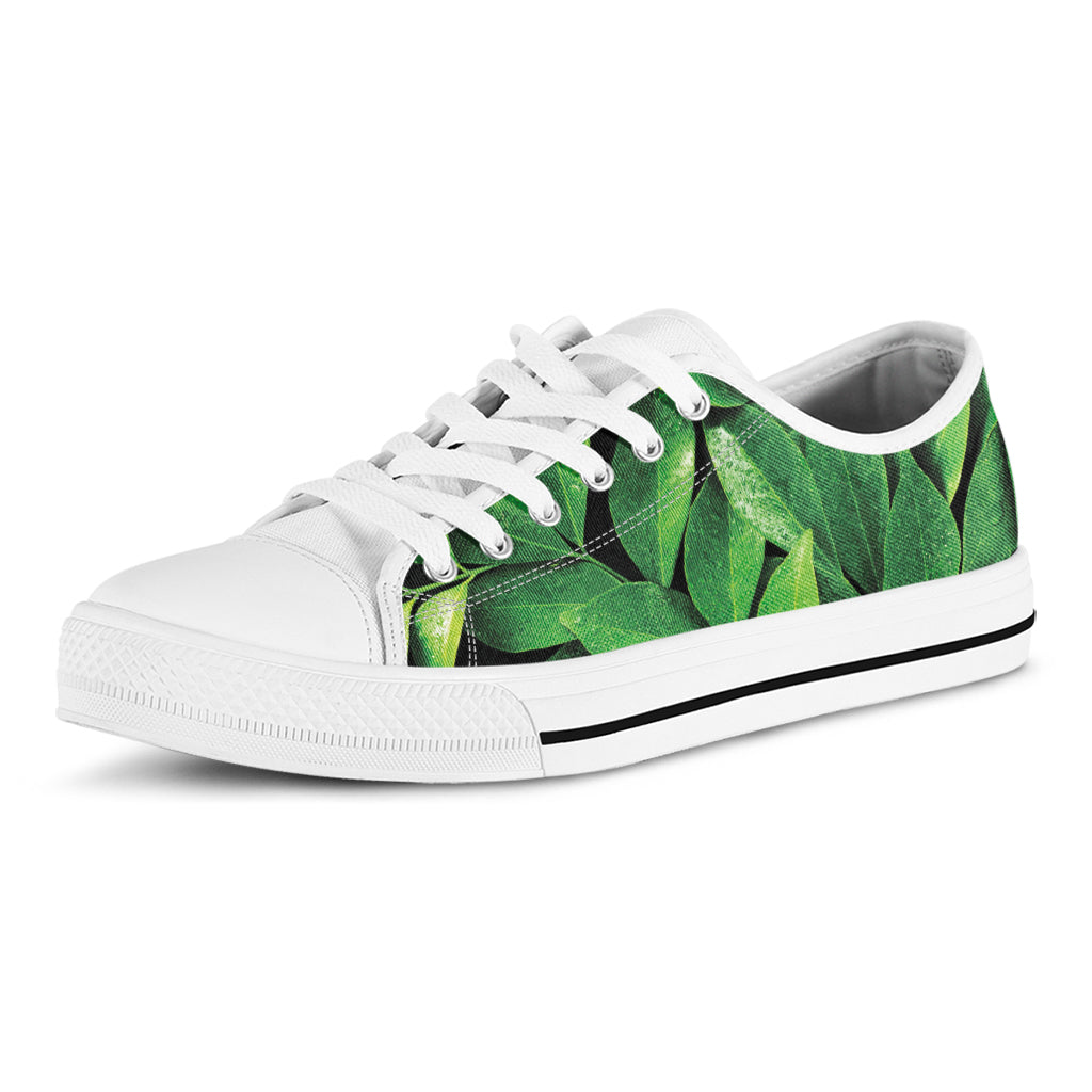 Fresh Green Leaf Print White Low Top Shoes