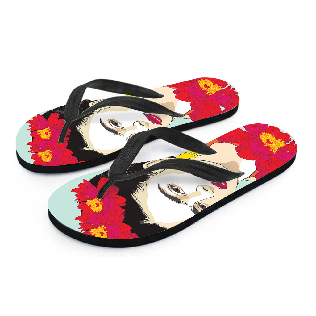 Frida Kahlo And Floral Print Flip Flops