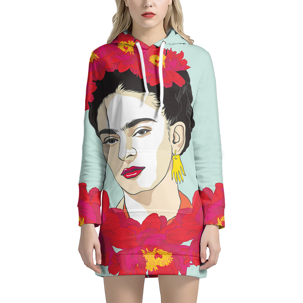 Frida Kahlo And Floral Print Pullover Hoodie Dress