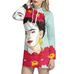 Frida Kahlo And Floral Print Pullover Hoodie Dress