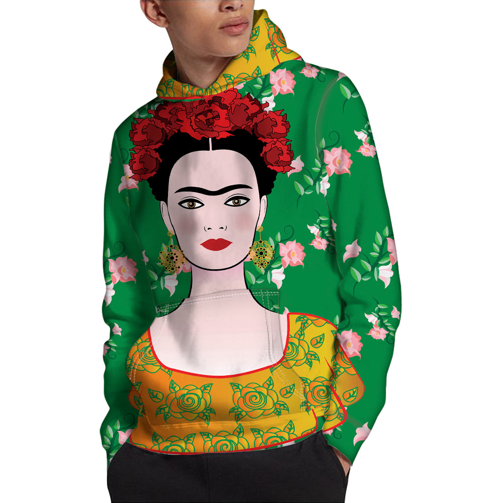 Frida Kahlo And Pink Floral Print Pullover Hoodie