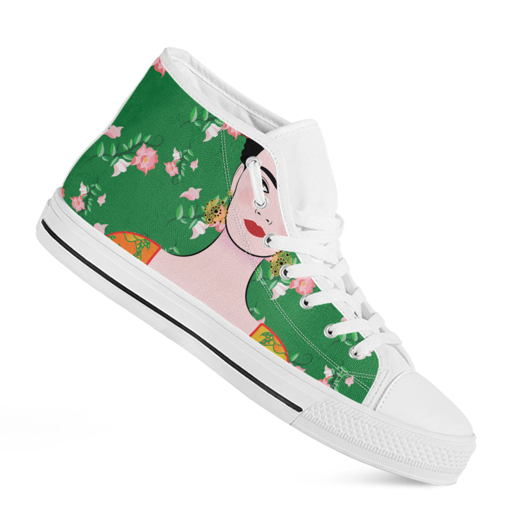 Frida Kahlo And Pink Floral Print White High Top Shoes