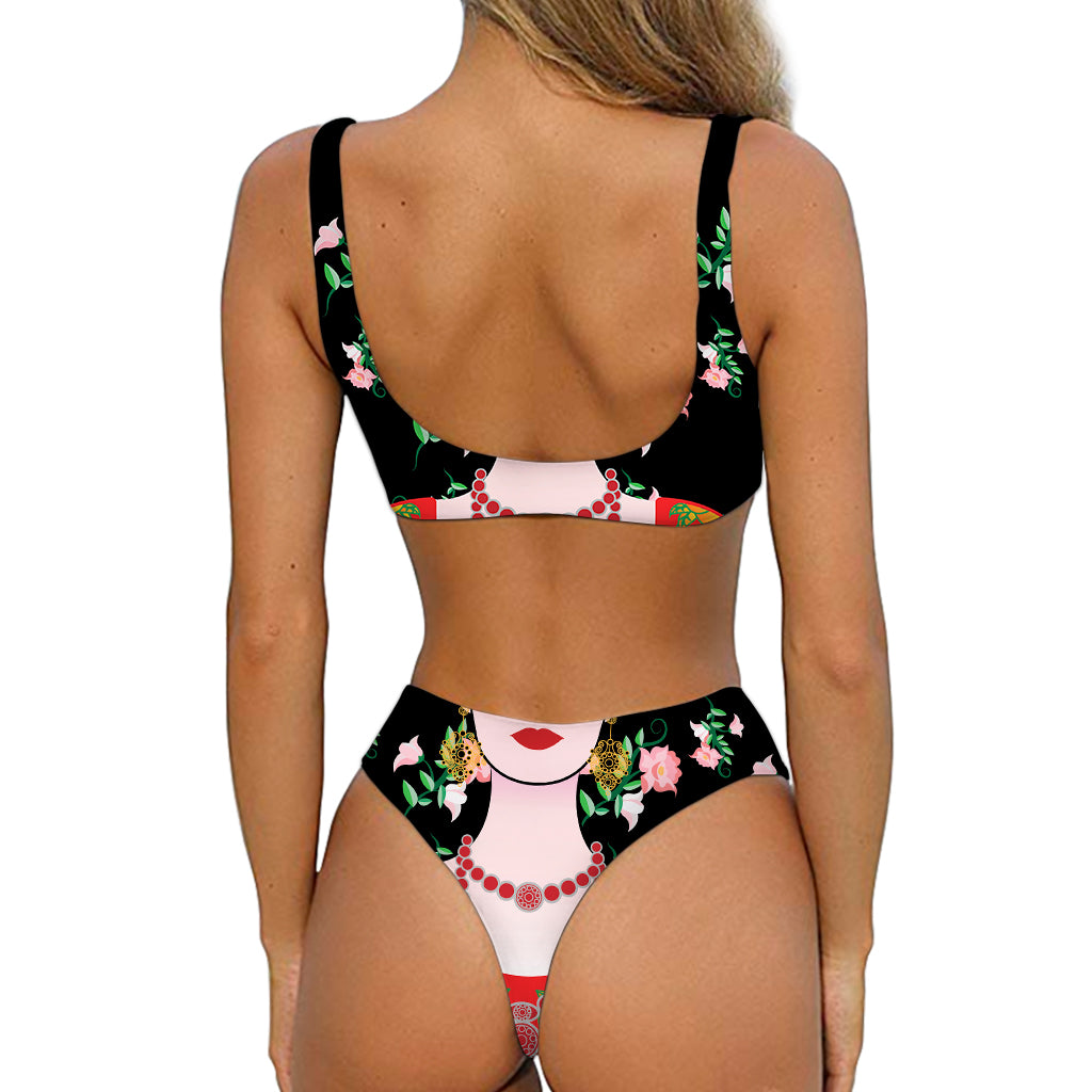Frida Kahlo And Pink Flower Print Front Bow Tie Bikini