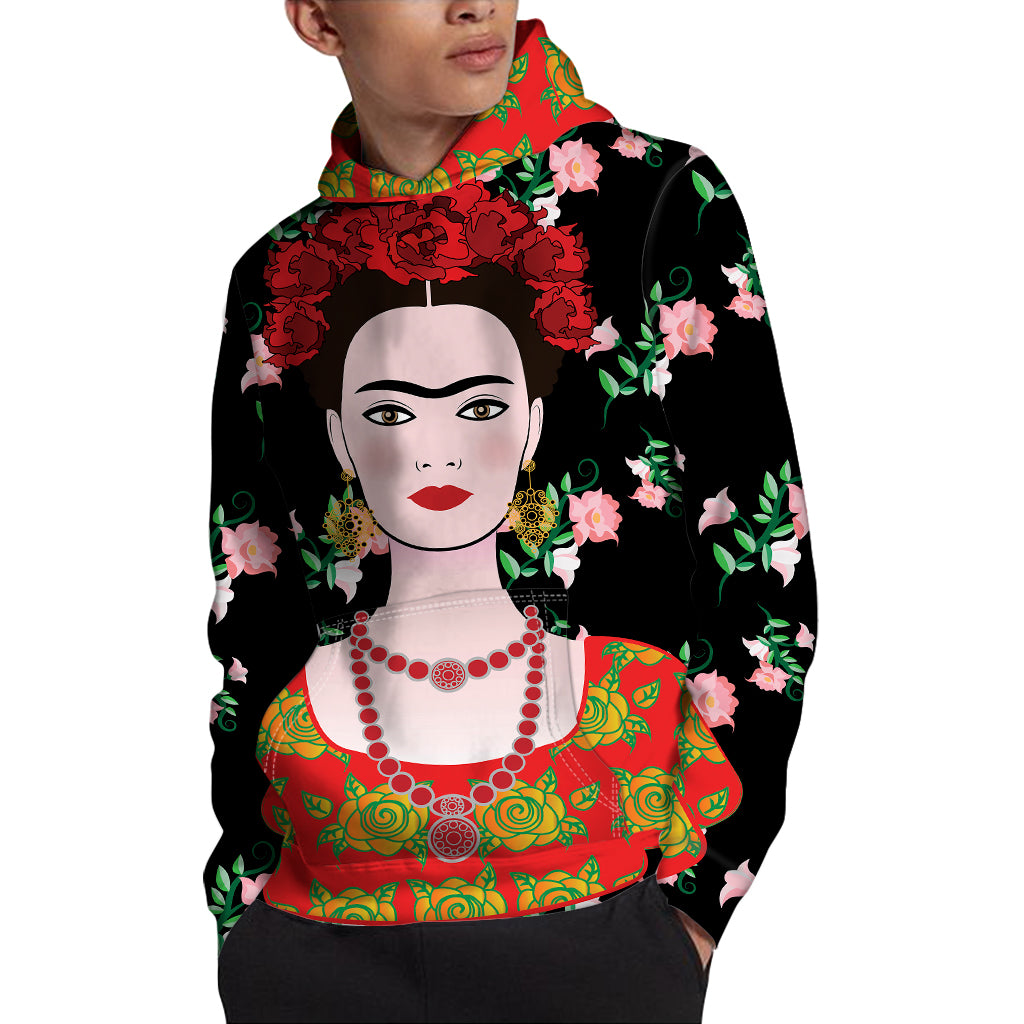 Frida Kahlo And Pink Flower Print Pullover Hoodie