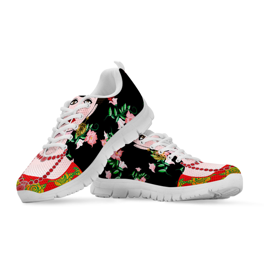 Frida Kahlo And Pink Flower Print White Sneakers