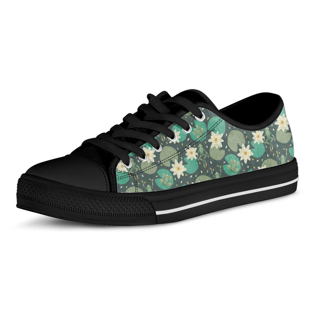 Frogs And Water Lilies Pattern Print Black Low Top Shoes