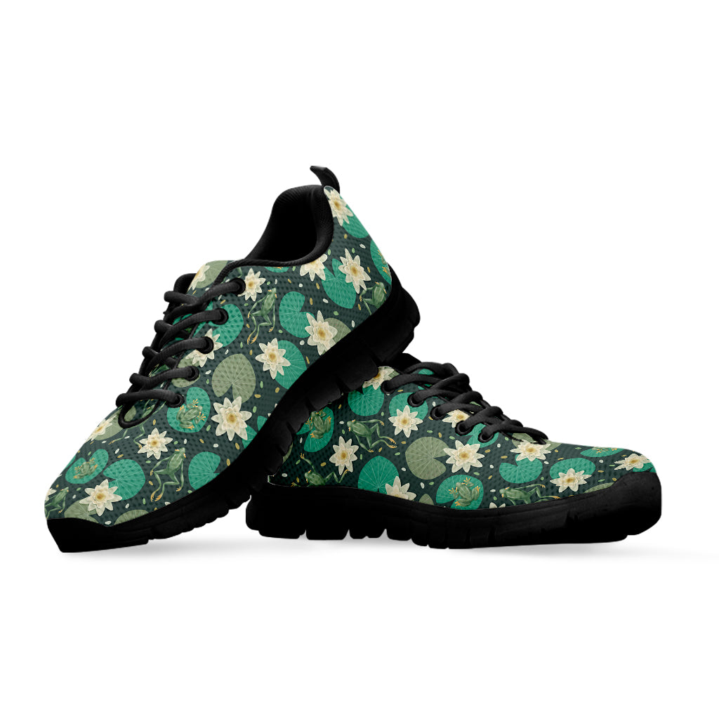 Frogs And Water Lilies Pattern Print Black Sneakers