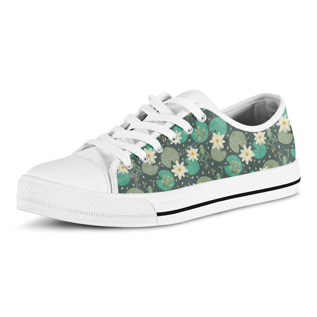 Frogs And Water Lilies Pattern Print White Low Top Shoes