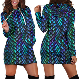 Turquoise Dragon Scales Pattern Print Pullover Hoodie Dress
