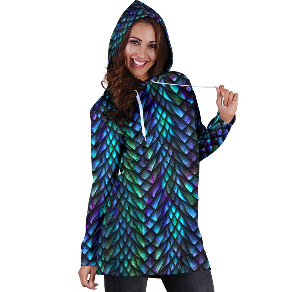 Turquoise Dragon Scales Pattern Print Pullover Hoodie Dress