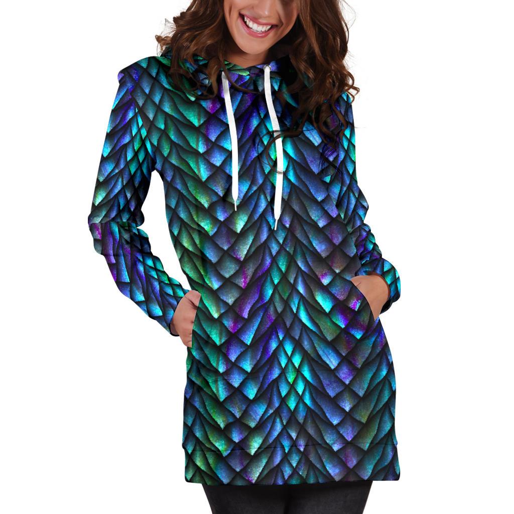 Turquoise Dragon Scales Pattern Print Pullover Hoodie Dress