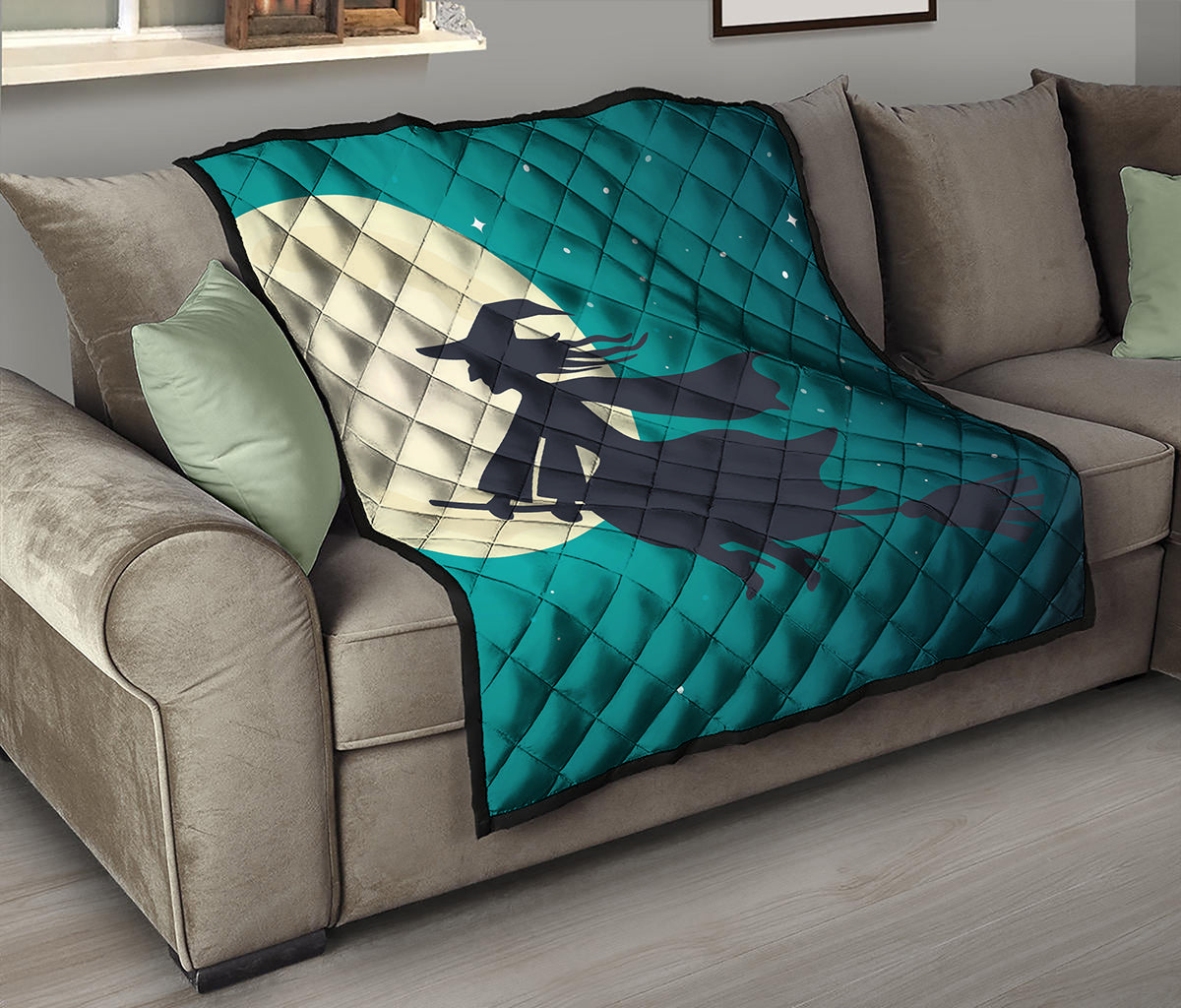Full Moon Halloween Flying Witch Print Quilt