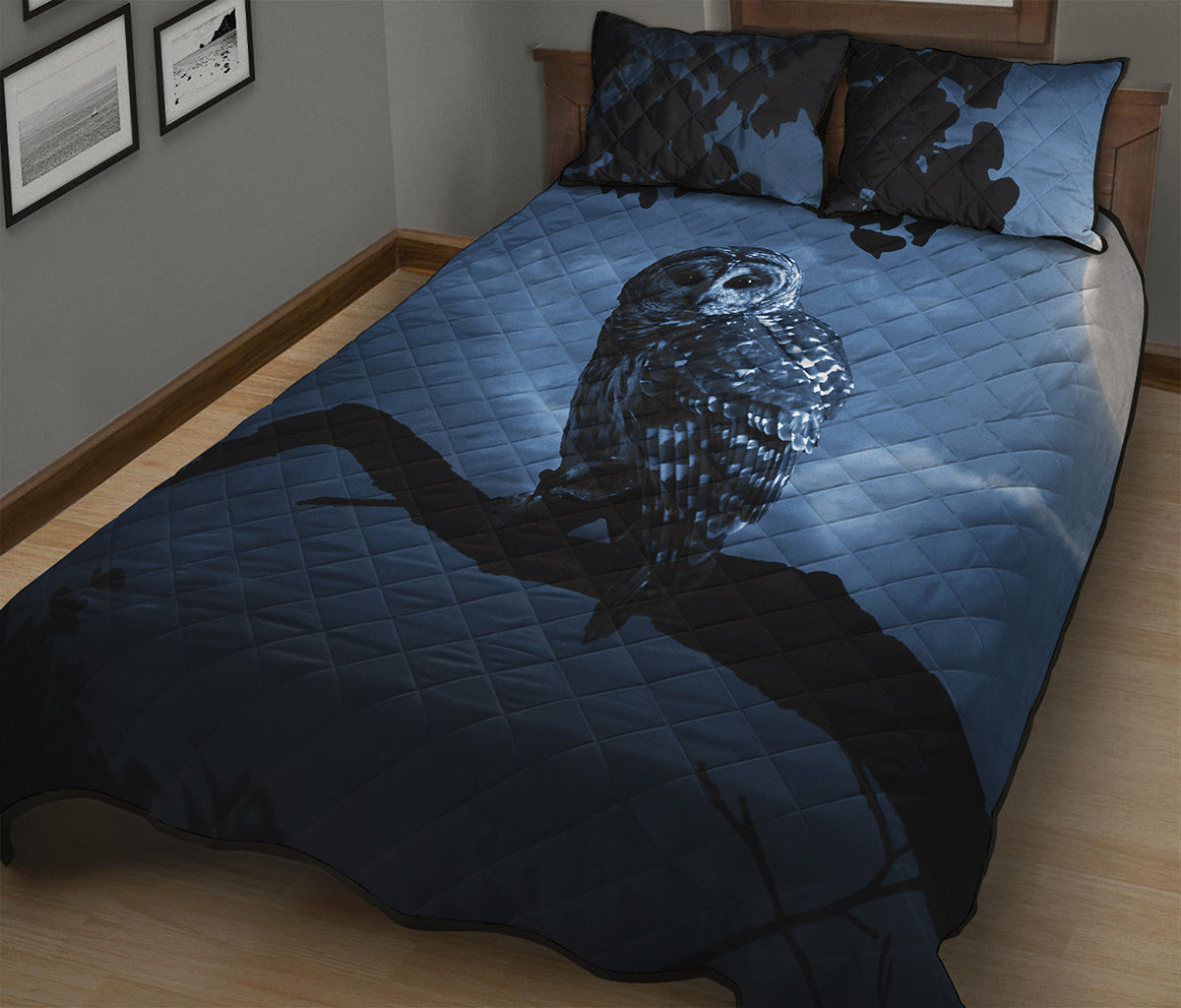 Full Moon Night Owl Print Quilt Bed Set