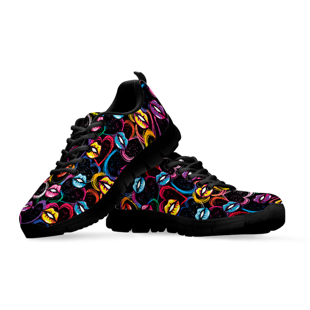 Funky Kiss Lips Pattern Print Black Sneakers