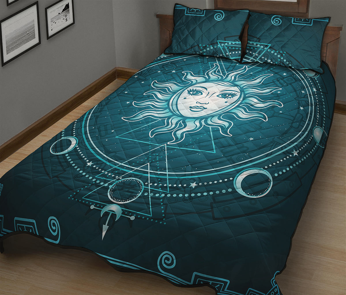 Geometric Celestial Sun And Moon Print Quilt Bed Set