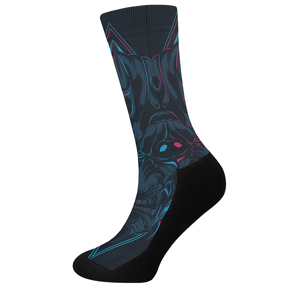 Geometric Japanese Demon Print Crew Socks