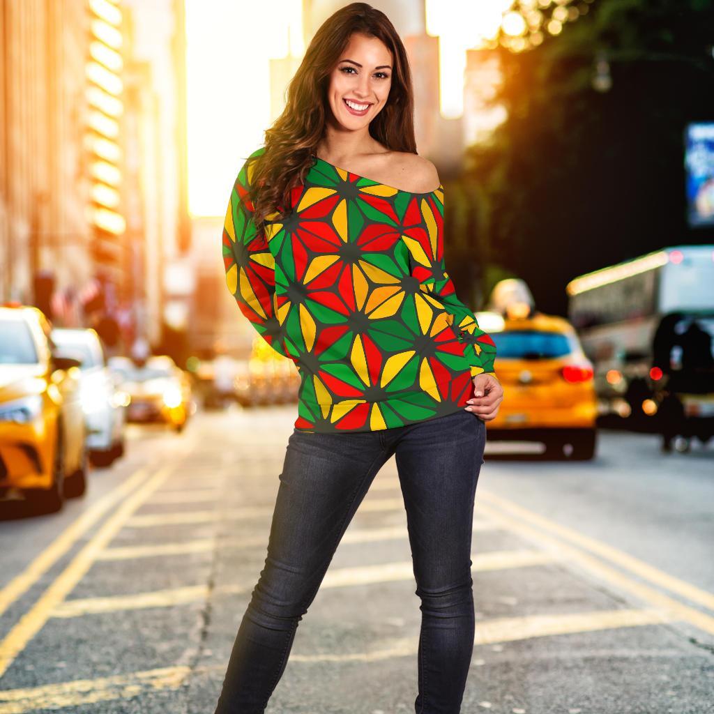 Geometric Reggae Pattern Print Off Shoulder Sweatshirt GearFrost