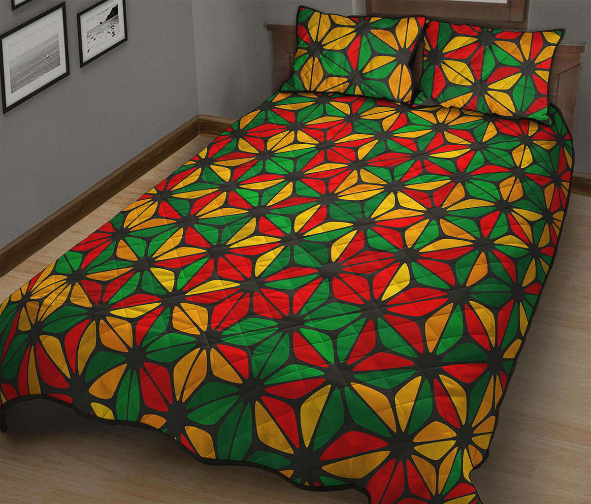 Geometric Reggae Pattern Print Quilt Bed Set