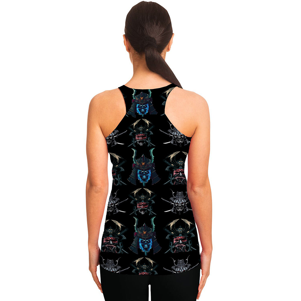 Ghost Samurai Mask Pattern Print Women's Racerback Tank Top