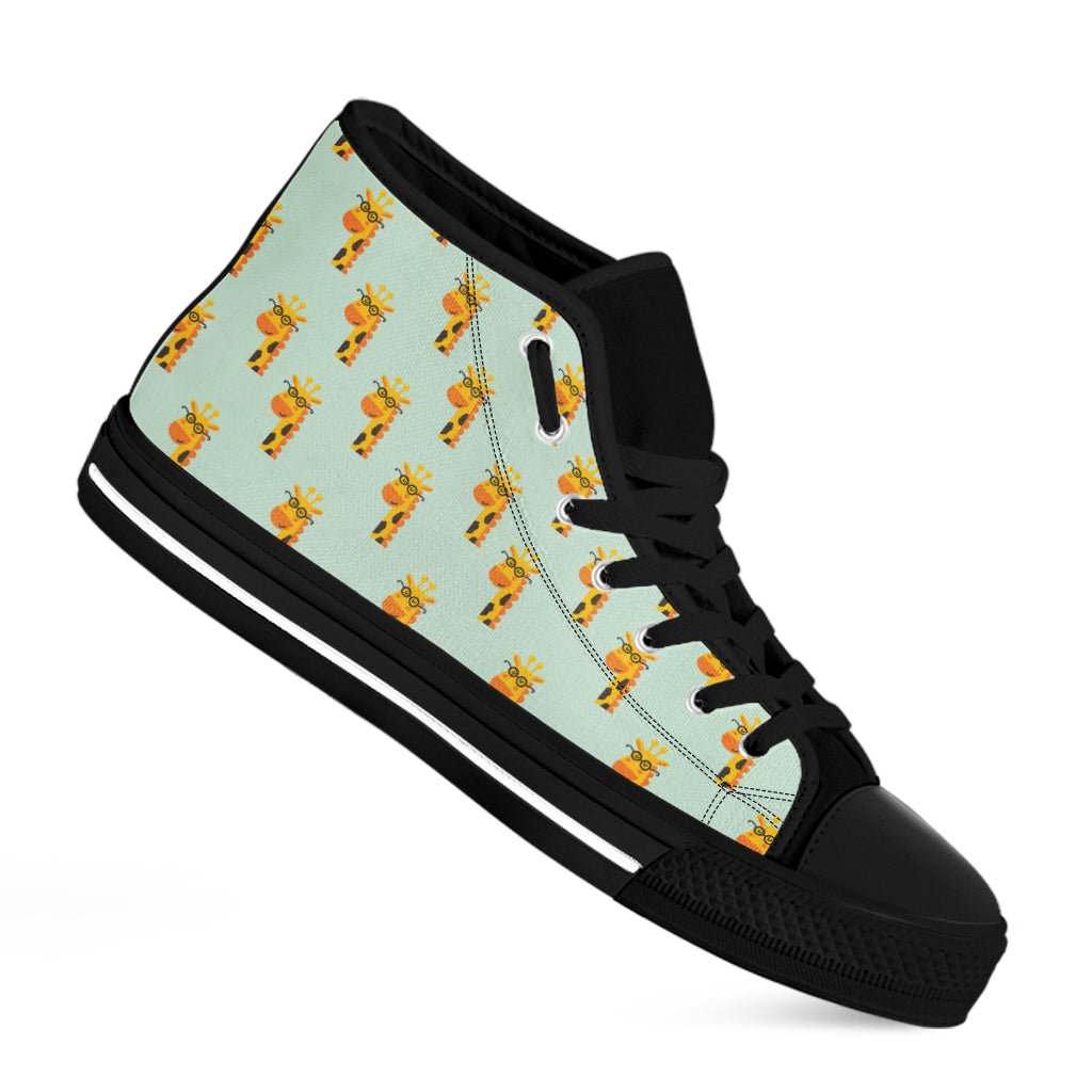 Giraffe With Glasses Pattern Print Black High Top Shoes