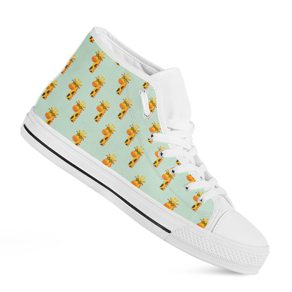 Giraffe With Glasses Pattern Print White High Top Shoes