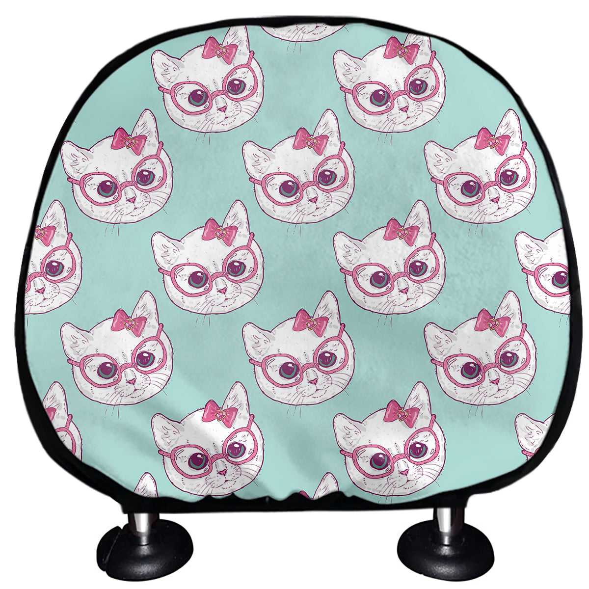 Girly Cat With Glasses Pattern Print Car Headrest Covers