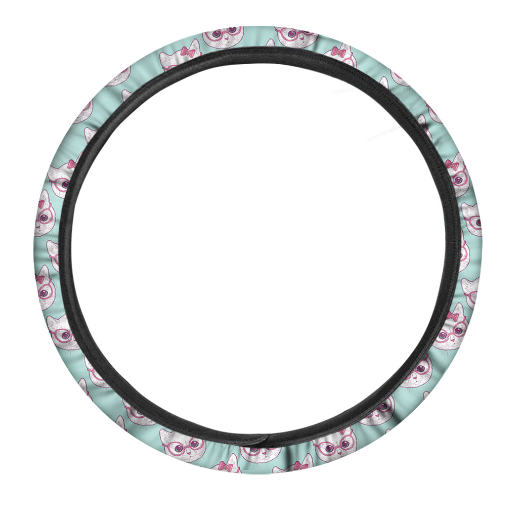 Girly Cat With Glasses Pattern Print Car Steering Wheel Cover