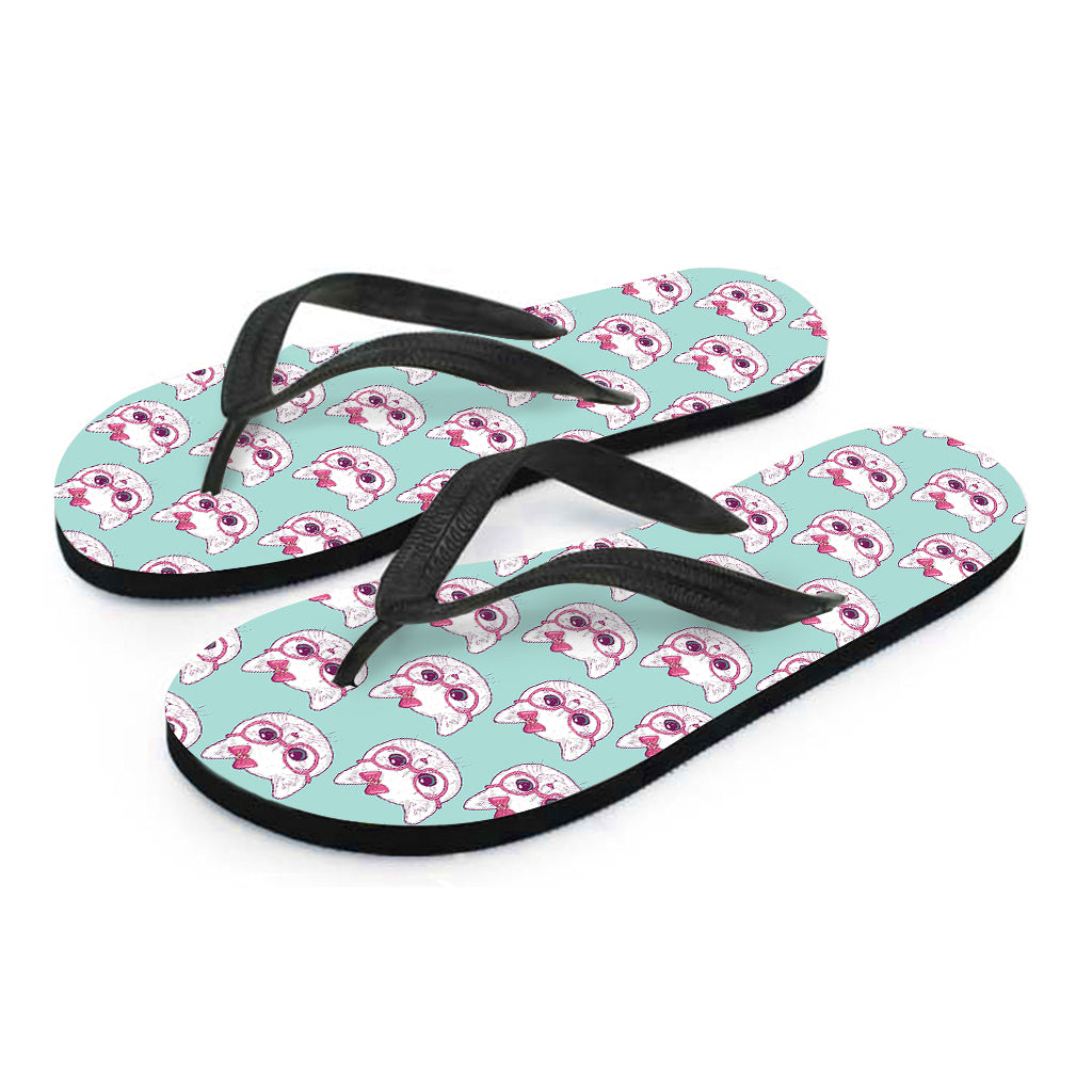 Girly Cat With Glasses Pattern Print Flip Flops