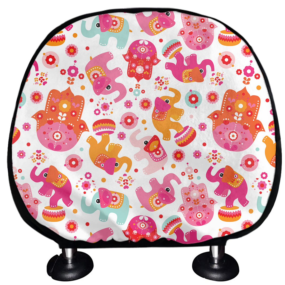 Girly Elephant And Hamsa Pattern Print Car Headrest Covers