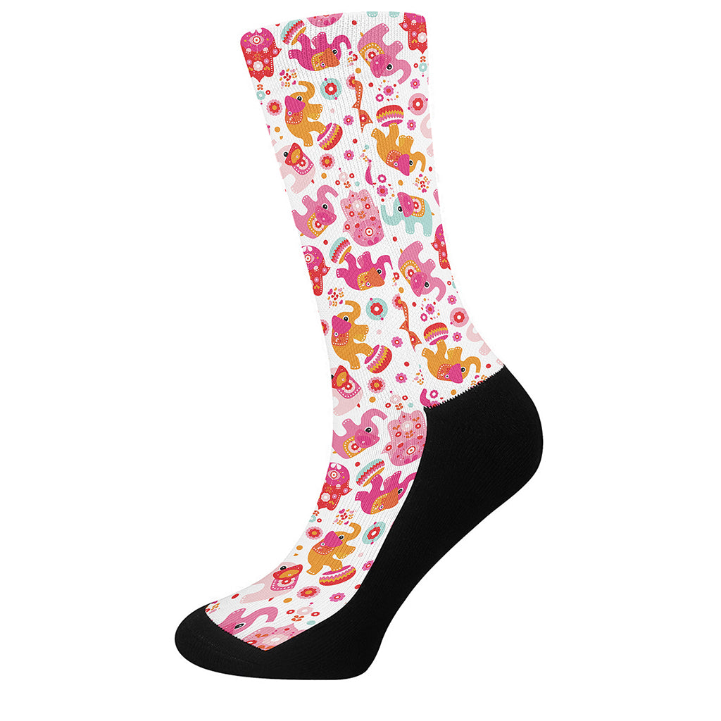 Girly Elephant And Hamsa Pattern Print Crew Socks