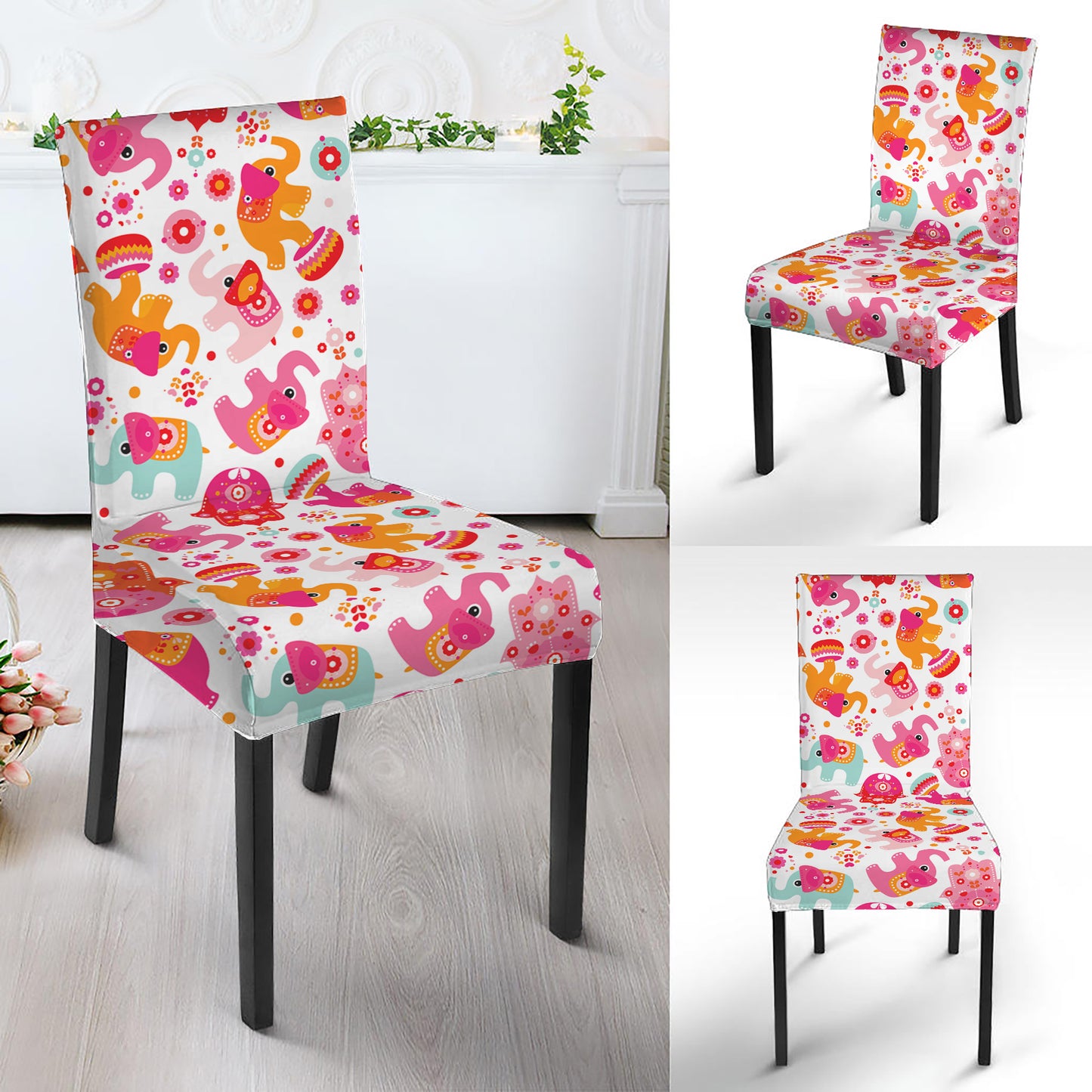 Girly Elephant And Hamsa Pattern Print Dining Chair Slipcover