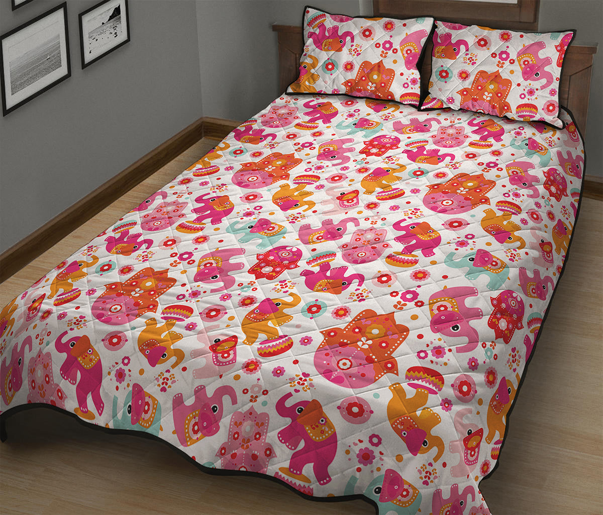 Girly Elephant And Hamsa Pattern Print Quilt Bed Set