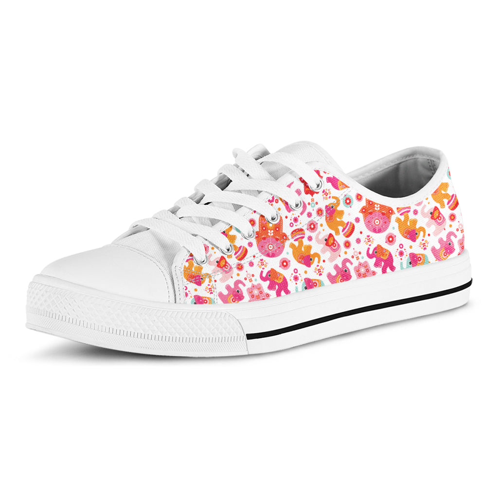 Girly Elephant And Hamsa Pattern Print White Low Top Shoes