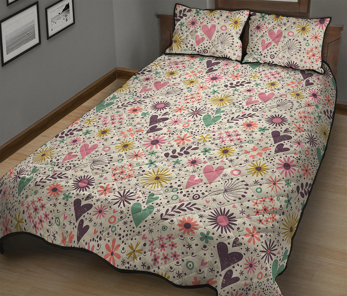 Girly Heart And Flower Pattern Print Quilt Bed Set