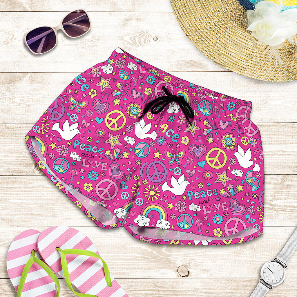 Girly Peace Sign And Love Pattern Print Women's Shorts