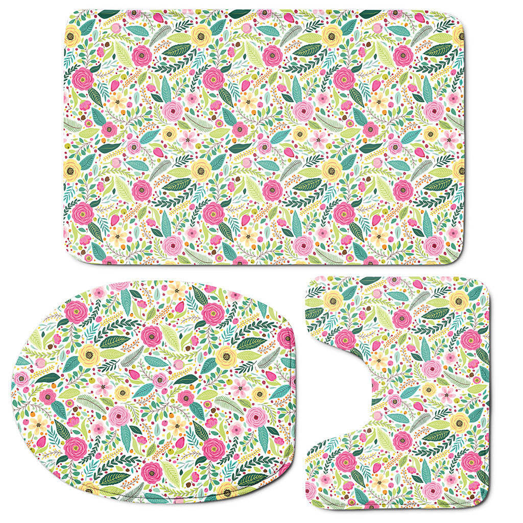 Girly Spring Flower Pattern Print 3 Piece Bath Mat Set