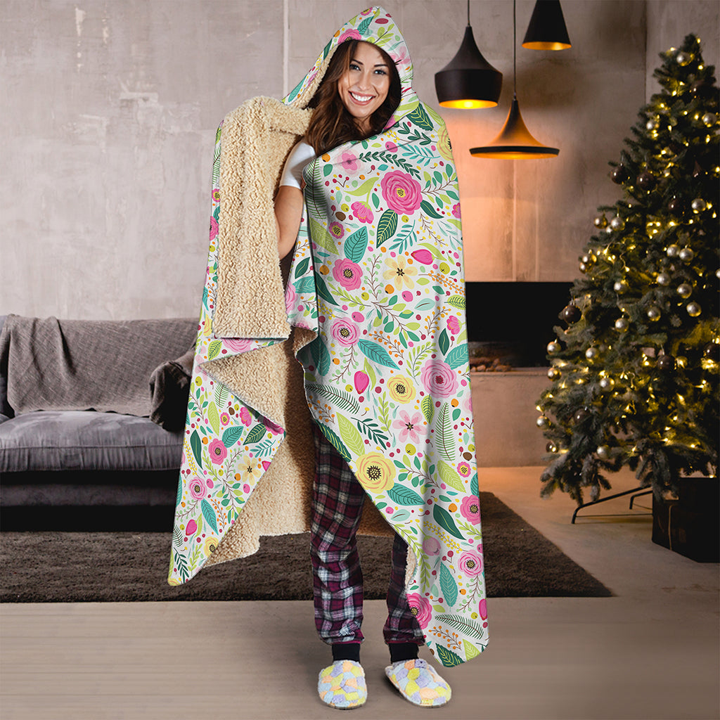 Girly Spring Flower Pattern Print Hooded Blanket