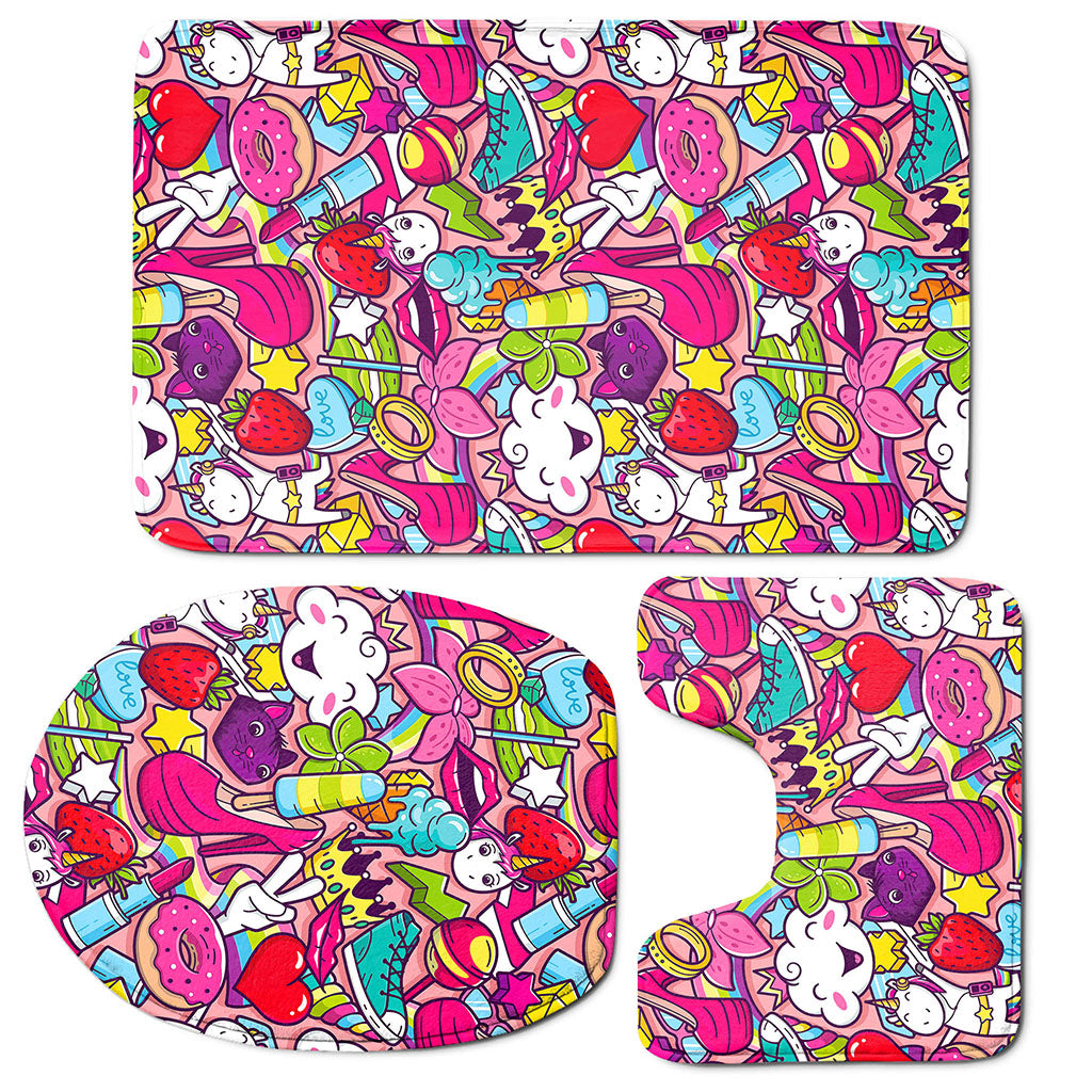 Girly Unicorn Cartoon Pattern Print 3 Piece Bath Mat Set