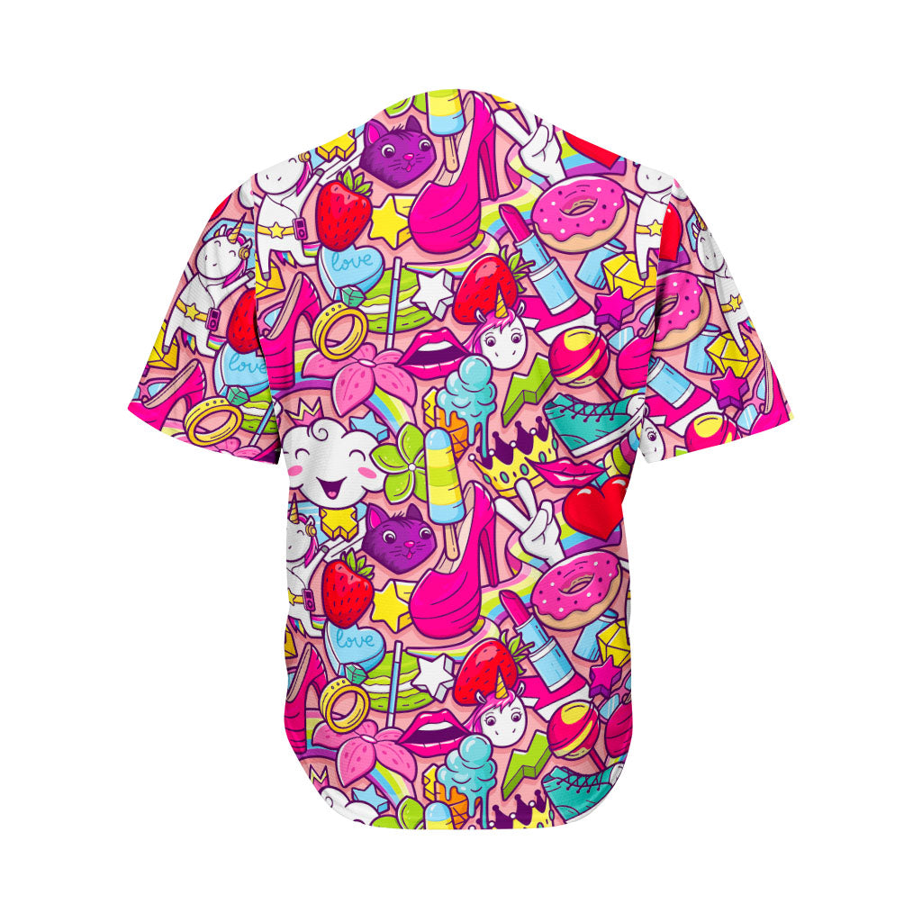 Girly Unicorn Cartoon Pattern Print Men's Baseball Jersey