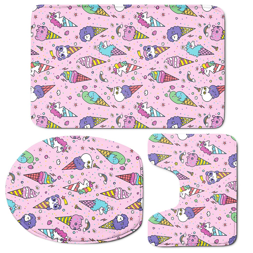 Girly Unicorn Ice Cream Pattern Print 3 Piece Bath Mat Set