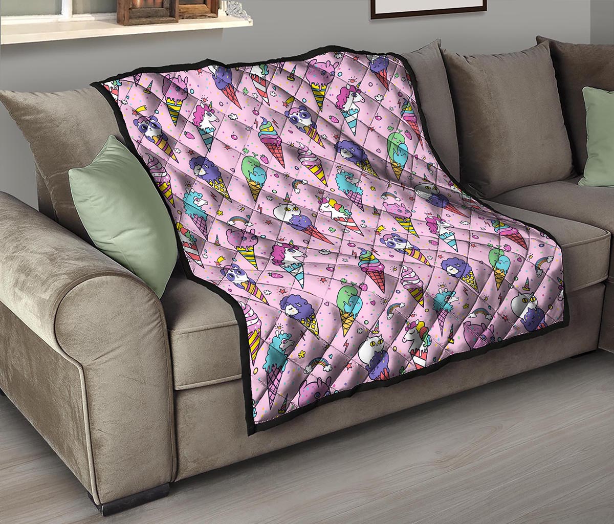 Girly Unicorn Ice Cream Pattern Print Quilt