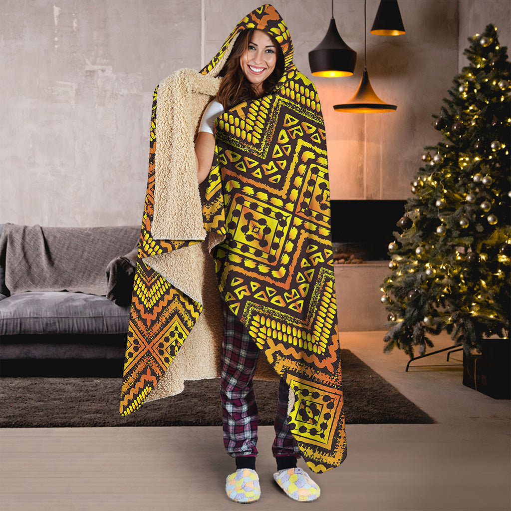 Gold African Ethnic Tribal Pattern Print Hooded Blanket