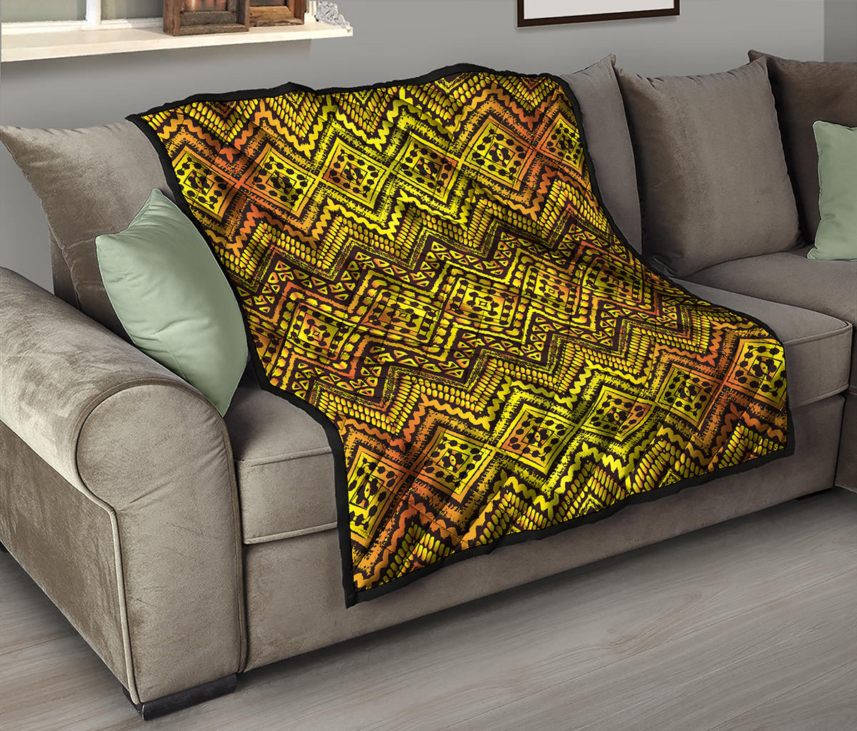 Gold African Ethnic Tribal Pattern Print Quilt