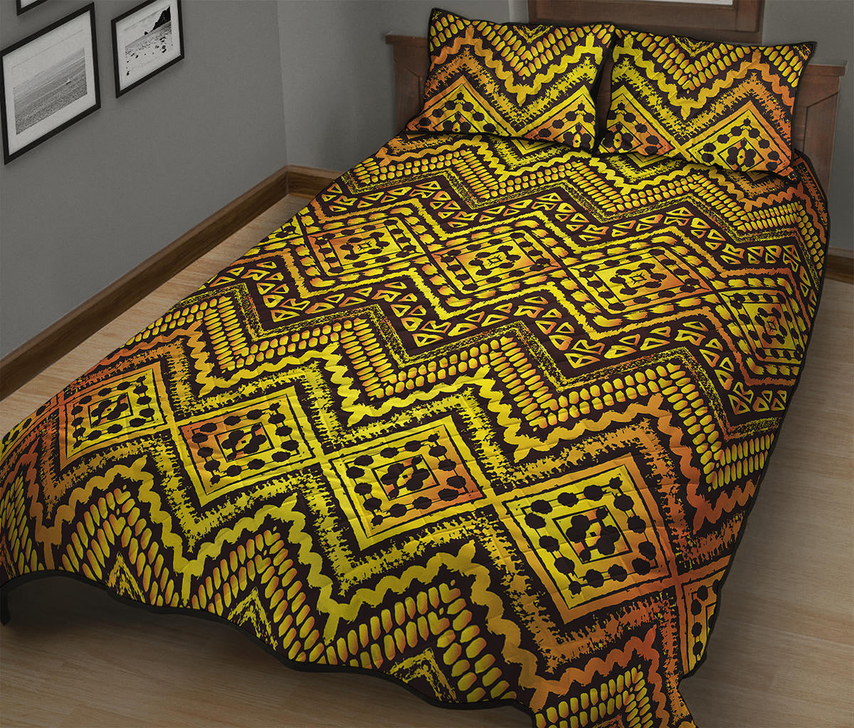 Gold African Ethnic Tribal Pattern Print Quilt Bed Set