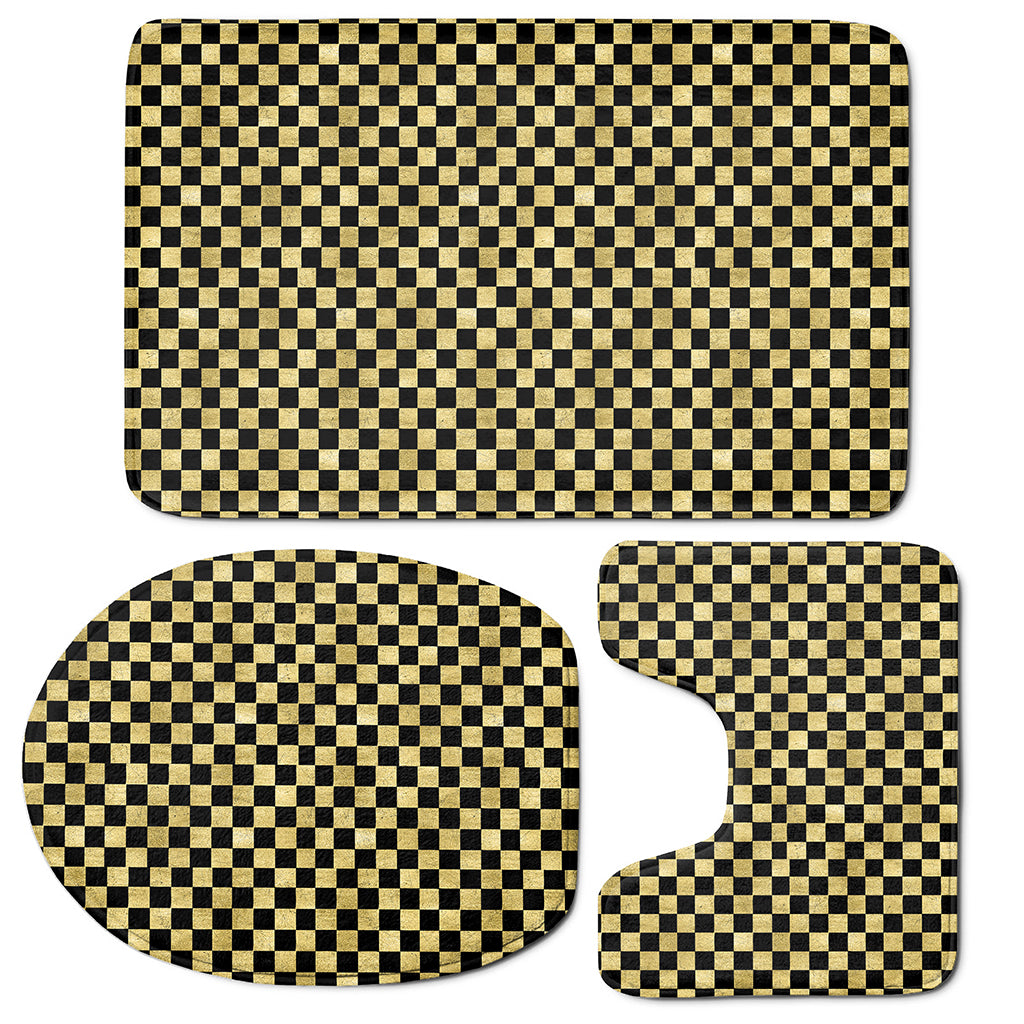 Gold And Black Checkered Pattern Print 3 Piece Bath Mat Set
