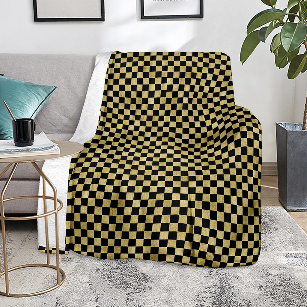 Gold And Black Checkered Pattern Print Blanket