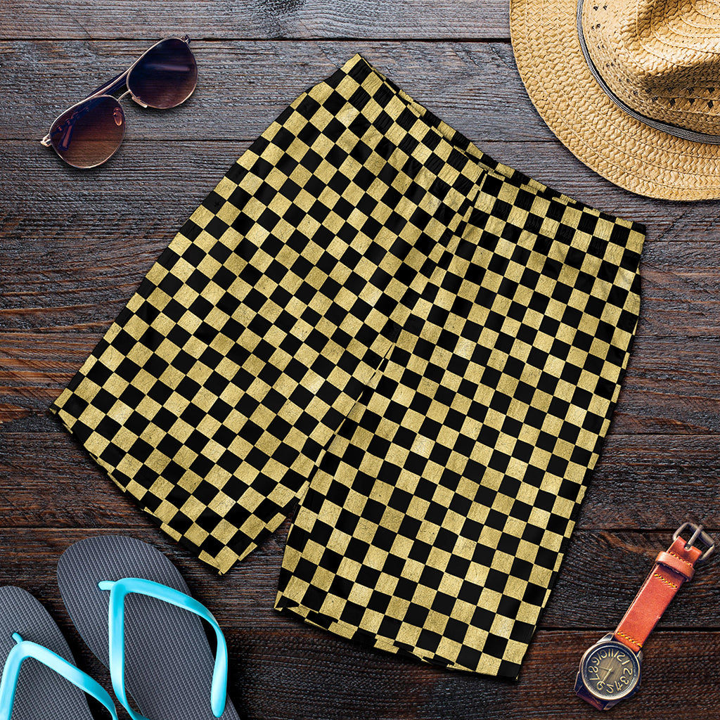 Gold And Black Checkered Pattern Print Men's Shorts