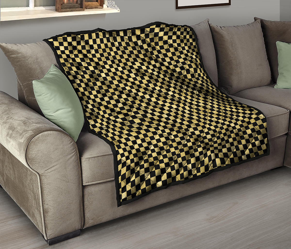 Gold And Black Checkered Pattern Print Quilt
