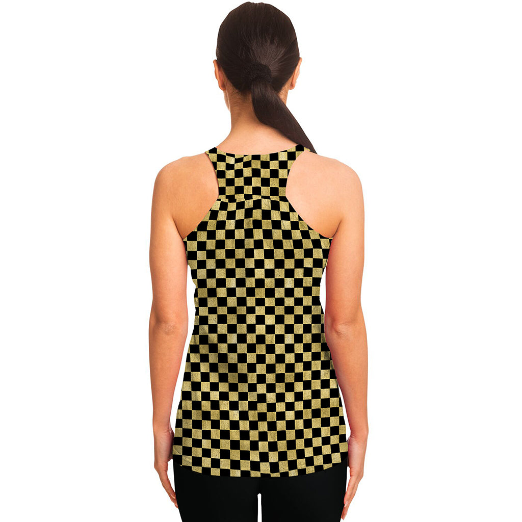 Gold And Black Checkered Pattern Print Women's Racerback Tank Top